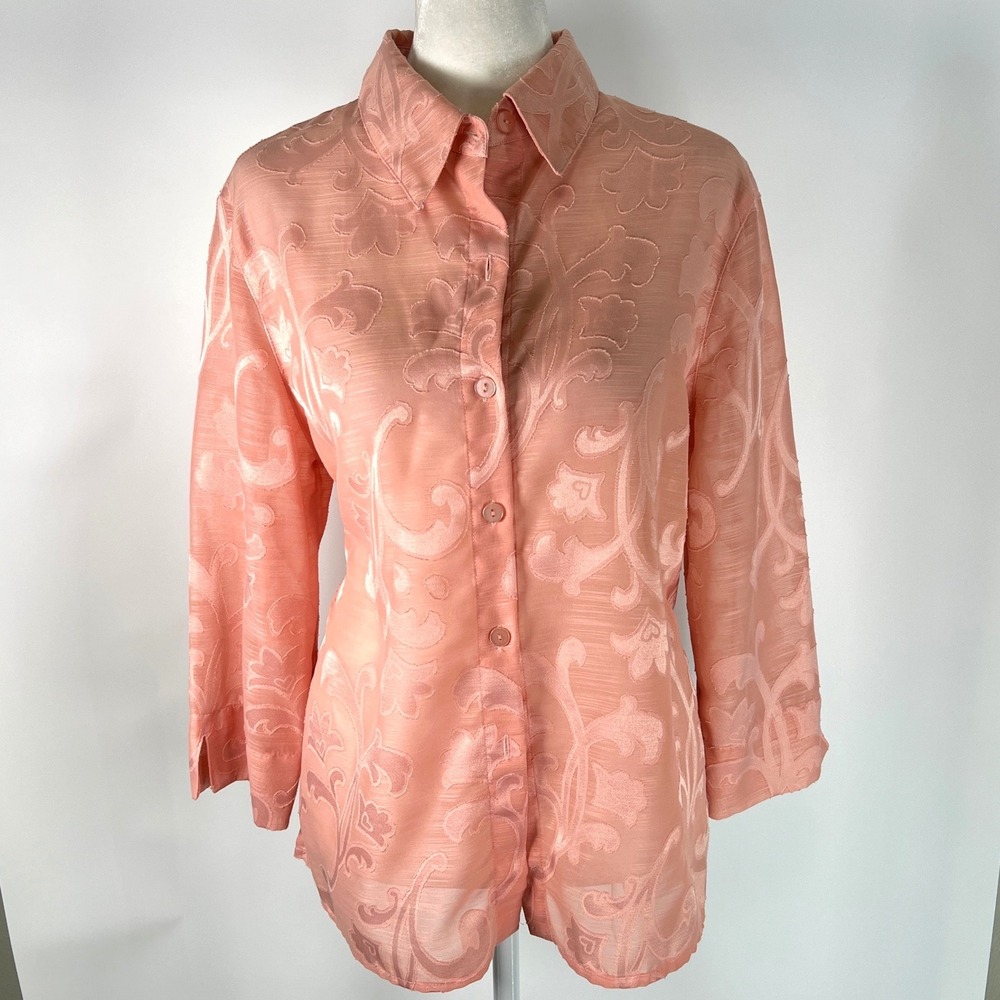 Alfred Dunner Coral Pink Burnout Floral Damask Blouse Petite 12P 3/4 Sleeve Top